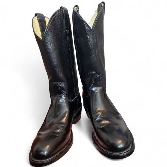 Justin Western Boots Mens 8.5E Black Leather Cowboy Boots USA Made Roper Style main image 8